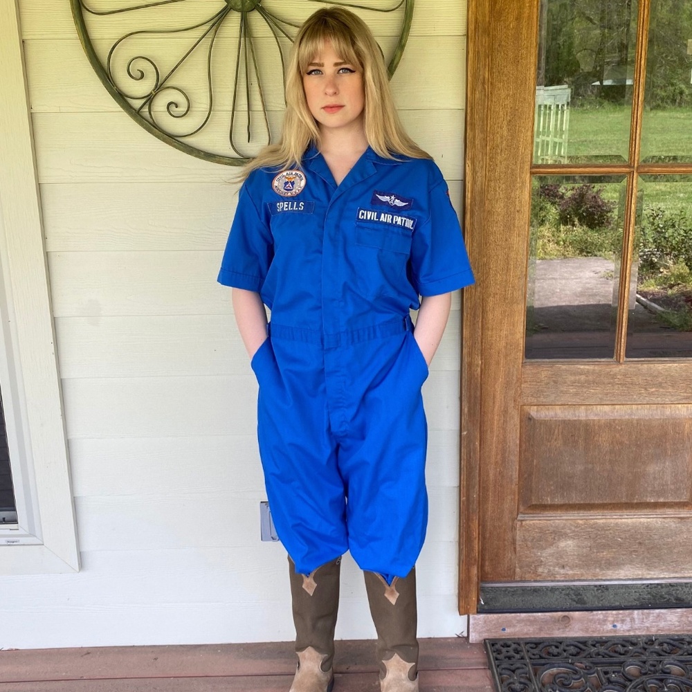 Vintage Captain Flight Suit Coveralls in Blue with Patches - Short Sleeved - L